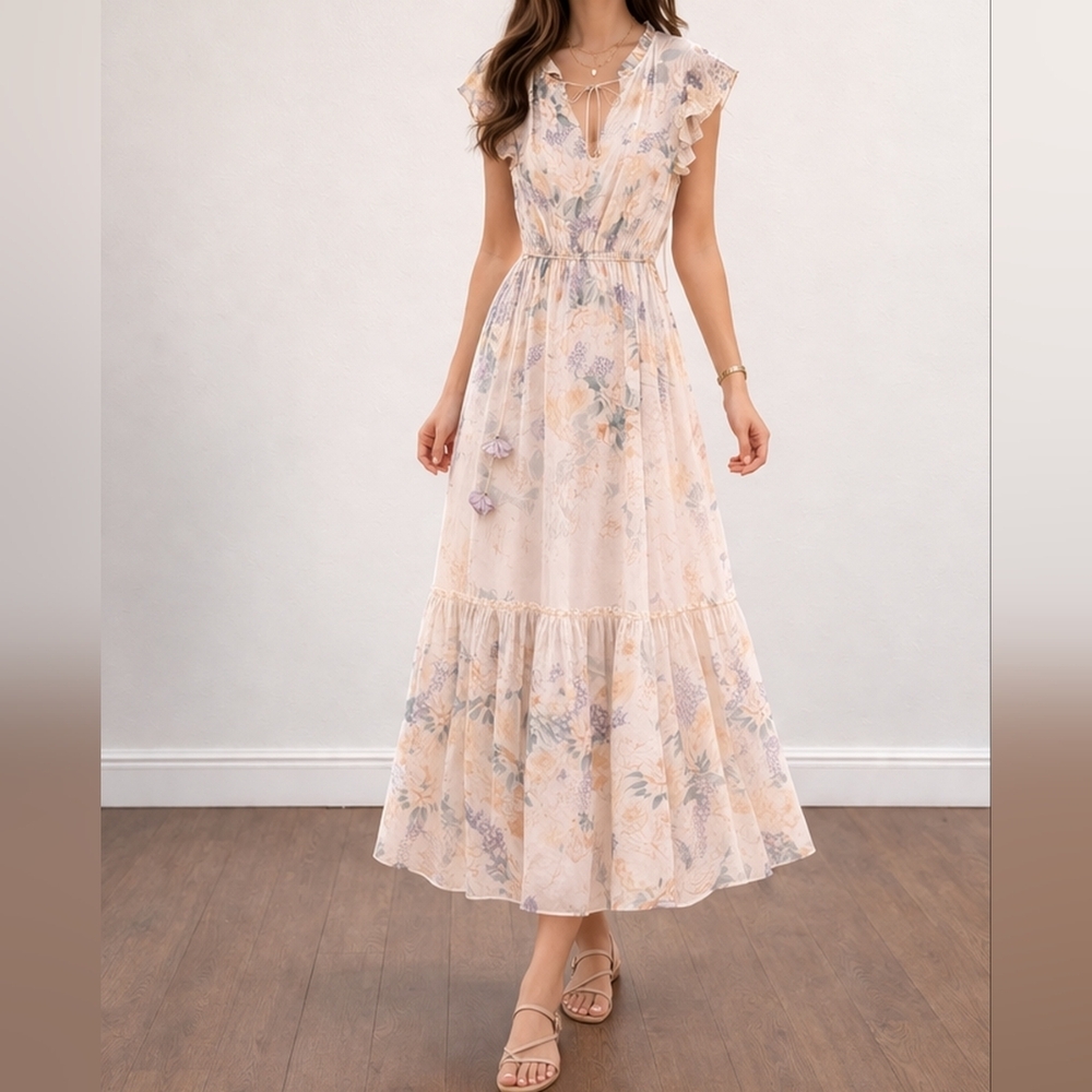 Joie Floral Ombré Maxi Dress XS Boho Tiered Chiffon Tie Neck Lined - Picture 2 of 16